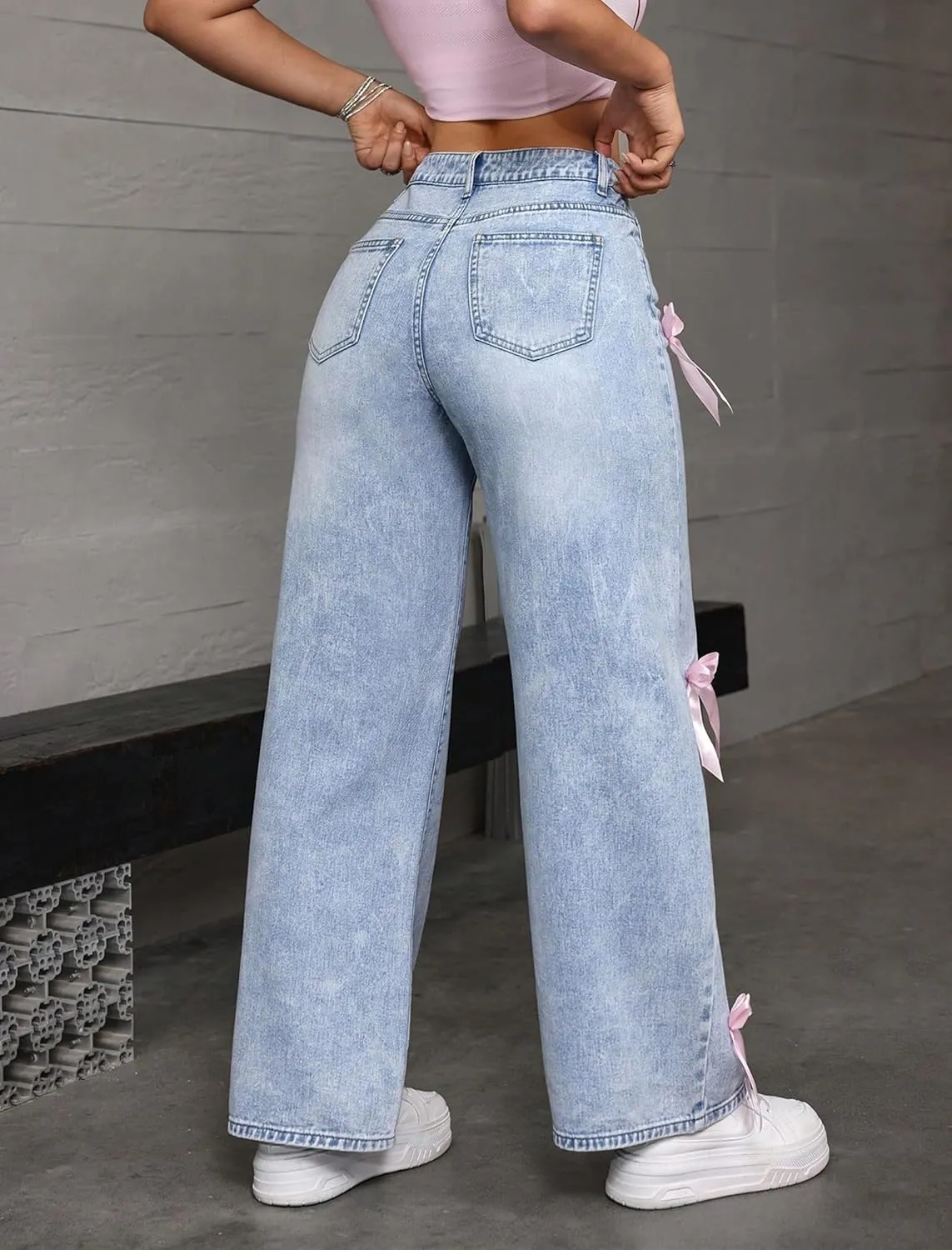 Women Wide Leg Baggy Jeans High Waisted Bowknot Embroidery Denim Pants Straight Leg Boyfriend Trendy Streetwear