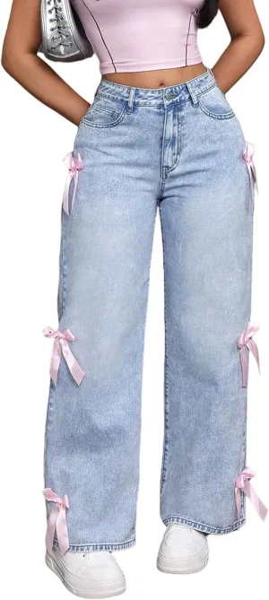 Women Wide Leg Baggy Jeans High Waisted Bowknot Embroidery Denim Pants Straight Leg Boyfriend Trendy Streetwear
