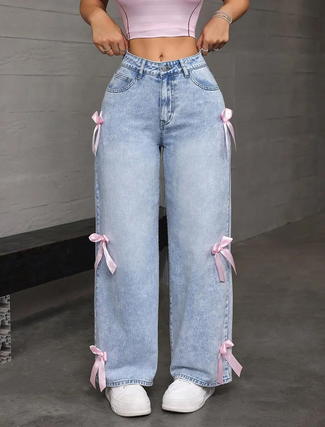 Women Wide Leg Baggy Jeans High Waisted Bowknot Embroidery Denim Pants Straight Leg Boyfriend Trendy Streetwear