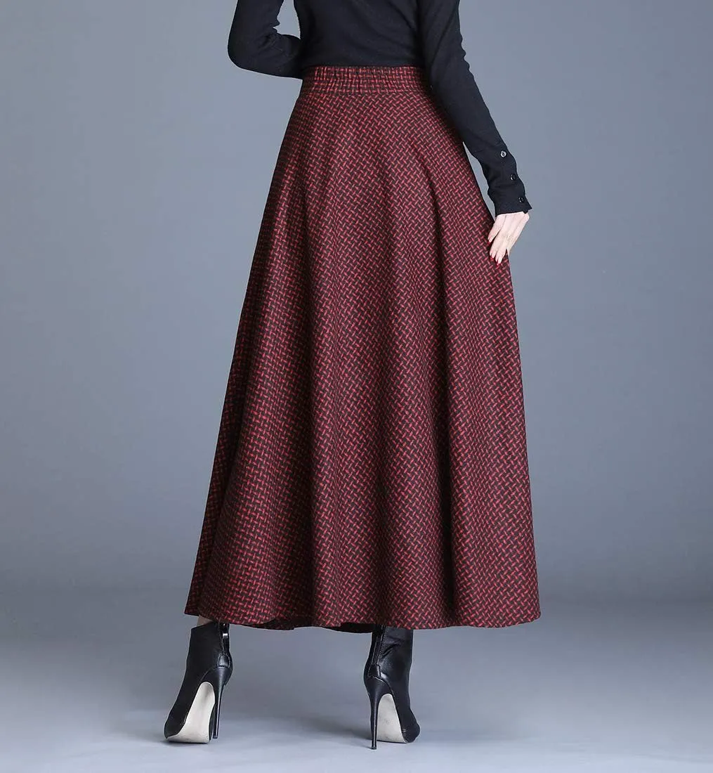 Women Winter Houndstooth Wool Maxi Skirt Elegant Warm High Waist Elastic Waist Casual Party A-line Long Skirt