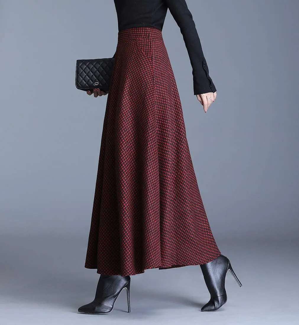 Women Winter Houndstooth Wool Maxi Skirt Elegant Warm High Waist Elastic Waist Casual Party A-line Long Skirt