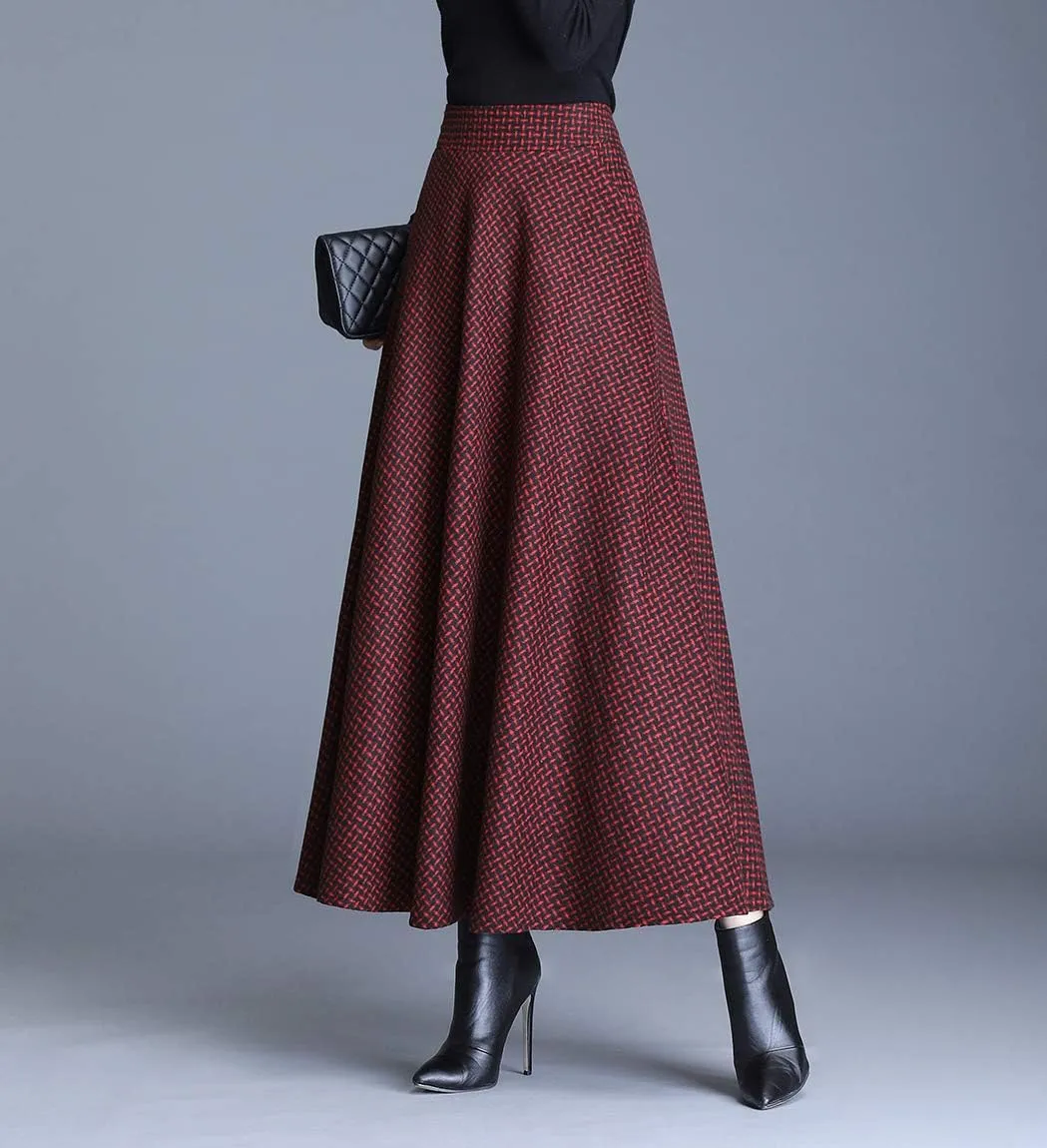 Women Winter Houndstooth Wool Maxi Skirt Elegant Warm High Waist Elastic Waist Casual Party A-line Long Skirt