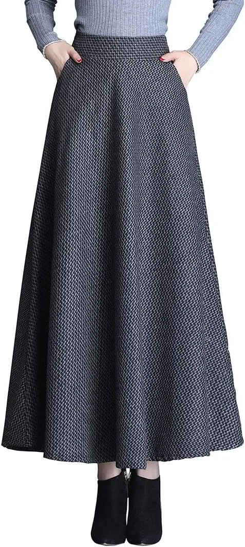 Women Winter Houndstooth Wool Maxi Skirt Elegant Warm High Waist Elastic Waist Casual Party A-line Long Skirt