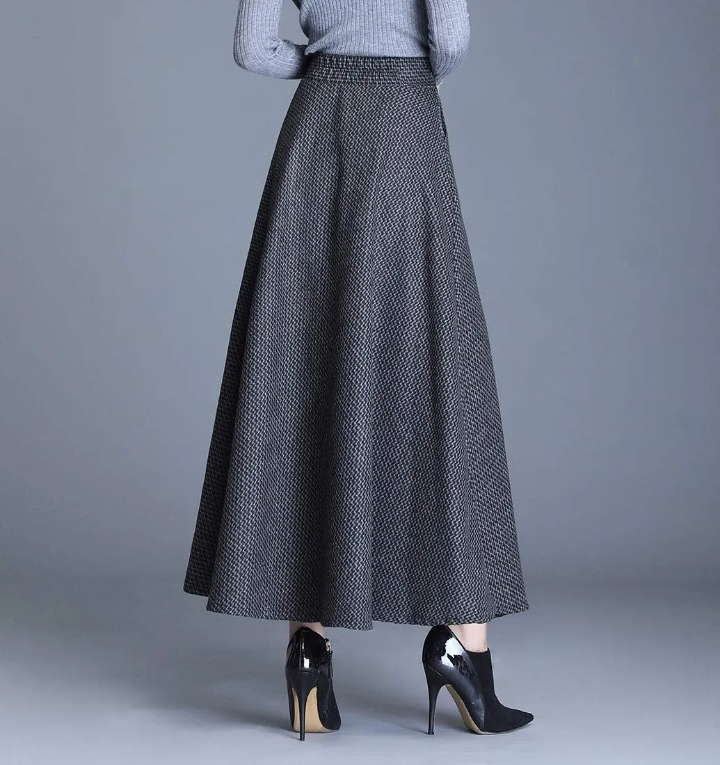 Women Winter Houndstooth Wool Maxi Skirt Elegant Warm High Waist Elastic Waist Casual Party A-line Long Skirt