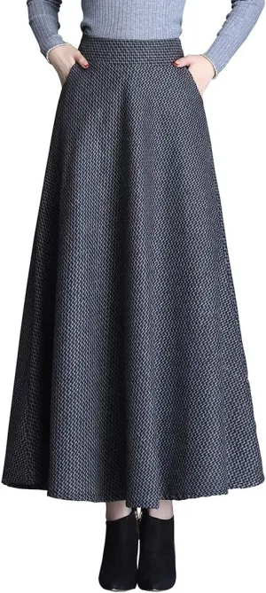 Women Winter Houndstooth Wool Maxi Skirt Elegant Warm High Waist Elastic Waist Casual Party A-line Long Skirt