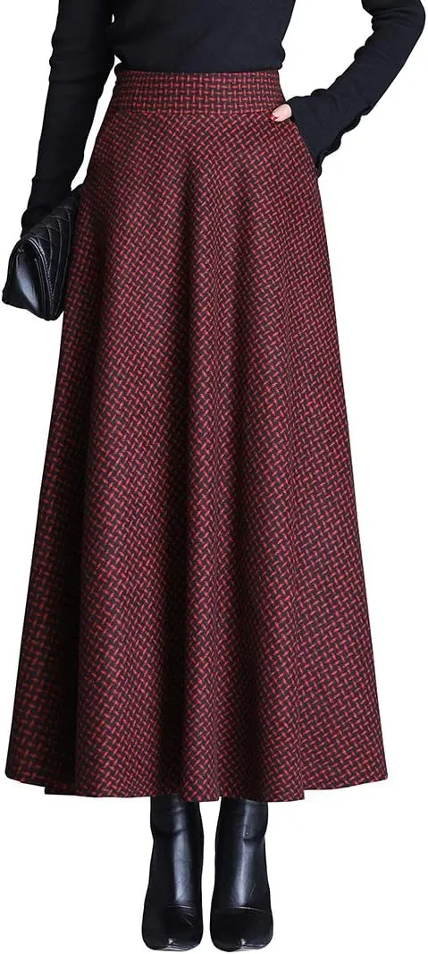 Women Winter Houndstooth Wool Maxi Skirt Elegant Warm High Waist Elastic Waist Casual Party A-line Long Skirt