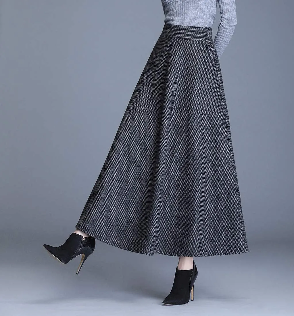 Women Winter Houndstooth Wool Maxi Skirt Elegant Warm High Waist Elastic Waist Casual Party A-line Long Skirt
