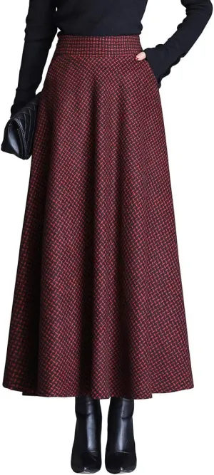Women Winter Houndstooth Wool Maxi Skirt Elegant Warm High Waist Elastic Waist Casual Party A-line Long Skirt