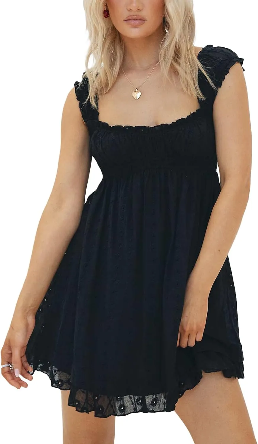 Women Y2k Babydoll Mini Dress Lace Trim Square Neck Sleeveless Floral Dress Flowy Sundress Summer Streetwear