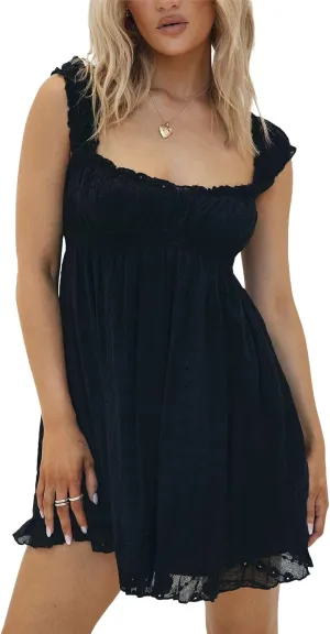 Women Y2k Babydoll Mini Dress Lace Trim Square Neck Sleeveless Floral Dress Flowy Sundress Summer Streetwear
