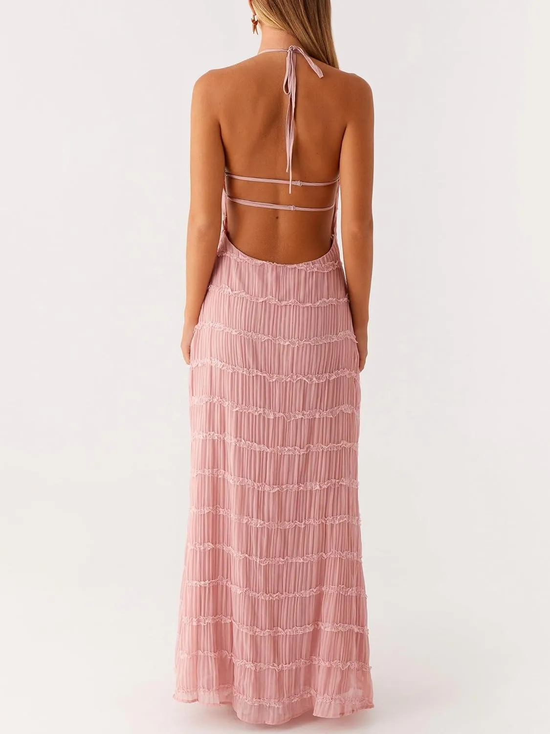 Women Y2k Backless Long Dress Halter Tie Neck Maxi Dress Flowy Beach Sundress Summer Streetwear