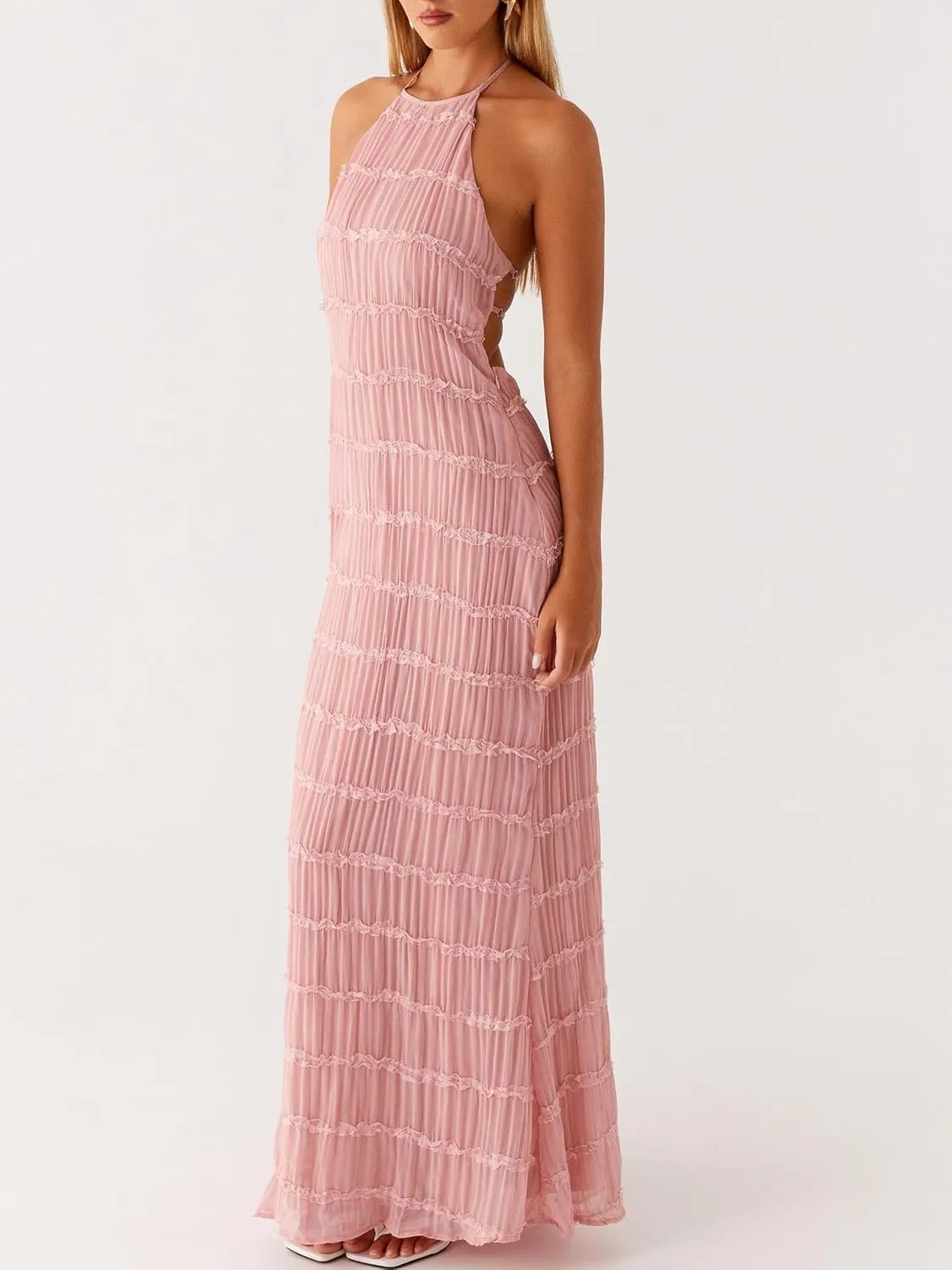 Women Y2k Backless Long Dress Halter Tie Neck Maxi Dress Flowy Beach Sundress Summer Streetwear