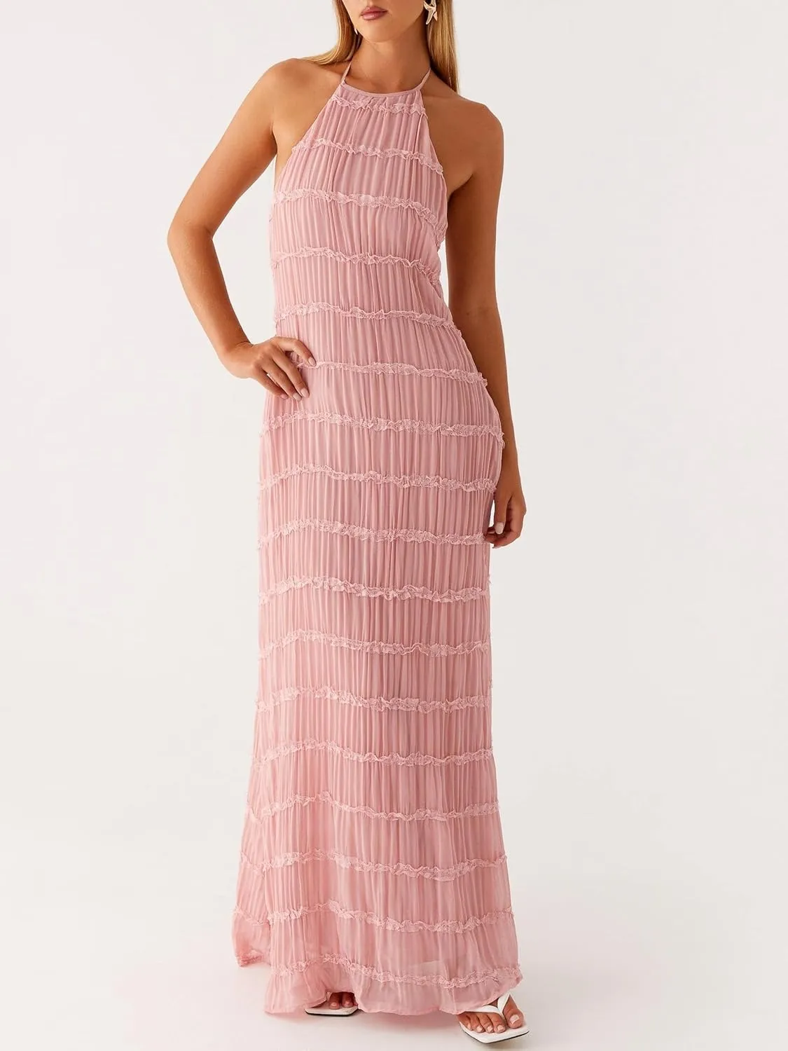 Women Y2k Backless Long Dress Halter Tie Neck Maxi Dress Flowy Beach Sundress Summer Streetwear