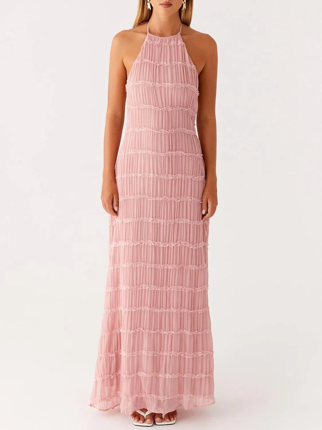 Women Y2k Backless Long Dress Halter Tie Neck Maxi Dress Flowy Beach Sundress Summer Streetwear