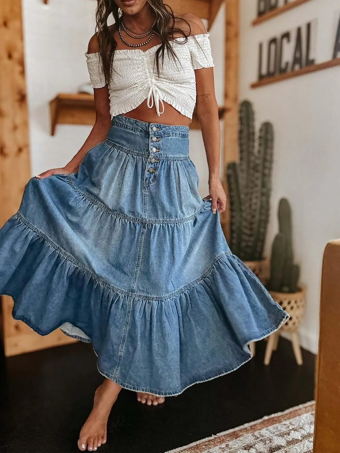Women Y2k Denim Maxi Skirt Elastic Waist Button Pleated Tiered Flowy Long Swing Skirts Retro Chambray Jean Skirt