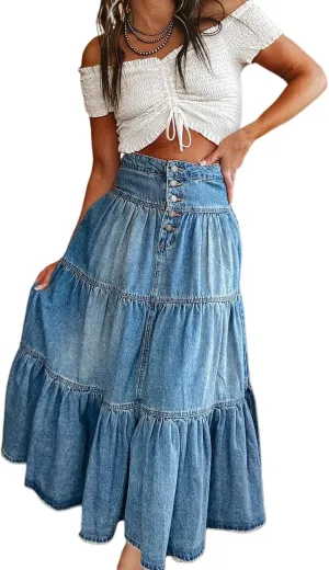 Women Y2k Denim Maxi Skirt Elastic Waist Button Pleated Tiered Flowy Long Swing Skirts Retro Chambray Jean Skirt