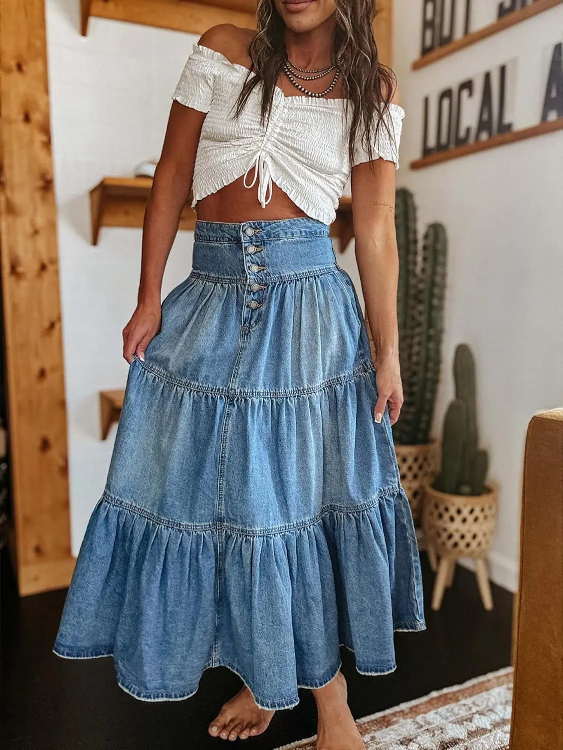Women Y2k Denim Maxi Skirt Elastic Waist Button Pleated Tiered Flowy Long Swing Skirts Retro Chambray Jean Skirt