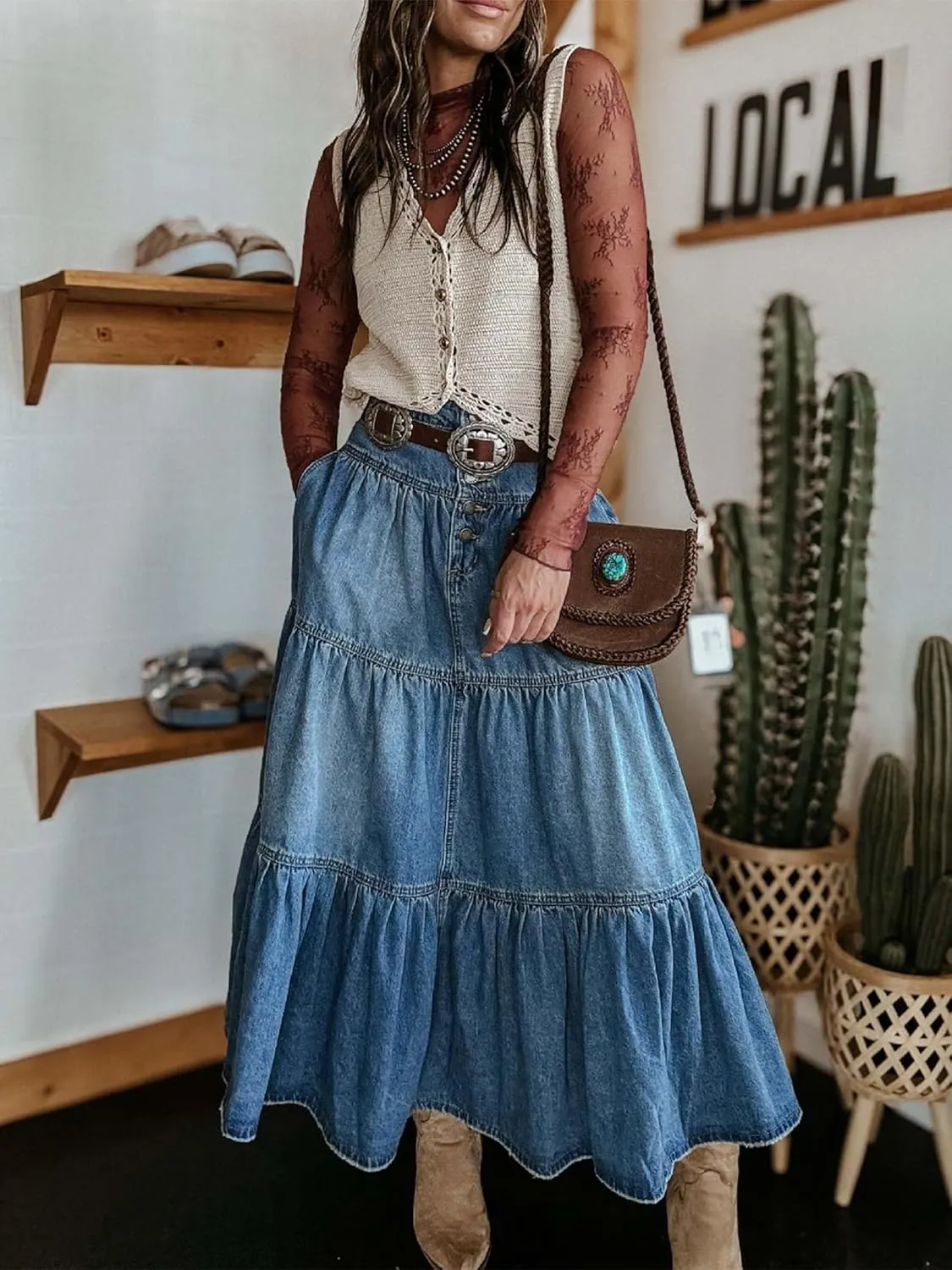 Women Y2k Denim Maxi Skirt Elastic Waist Button Pleated Tiered Flowy Long Swing Skirts Retro Chambray Jean Skirt