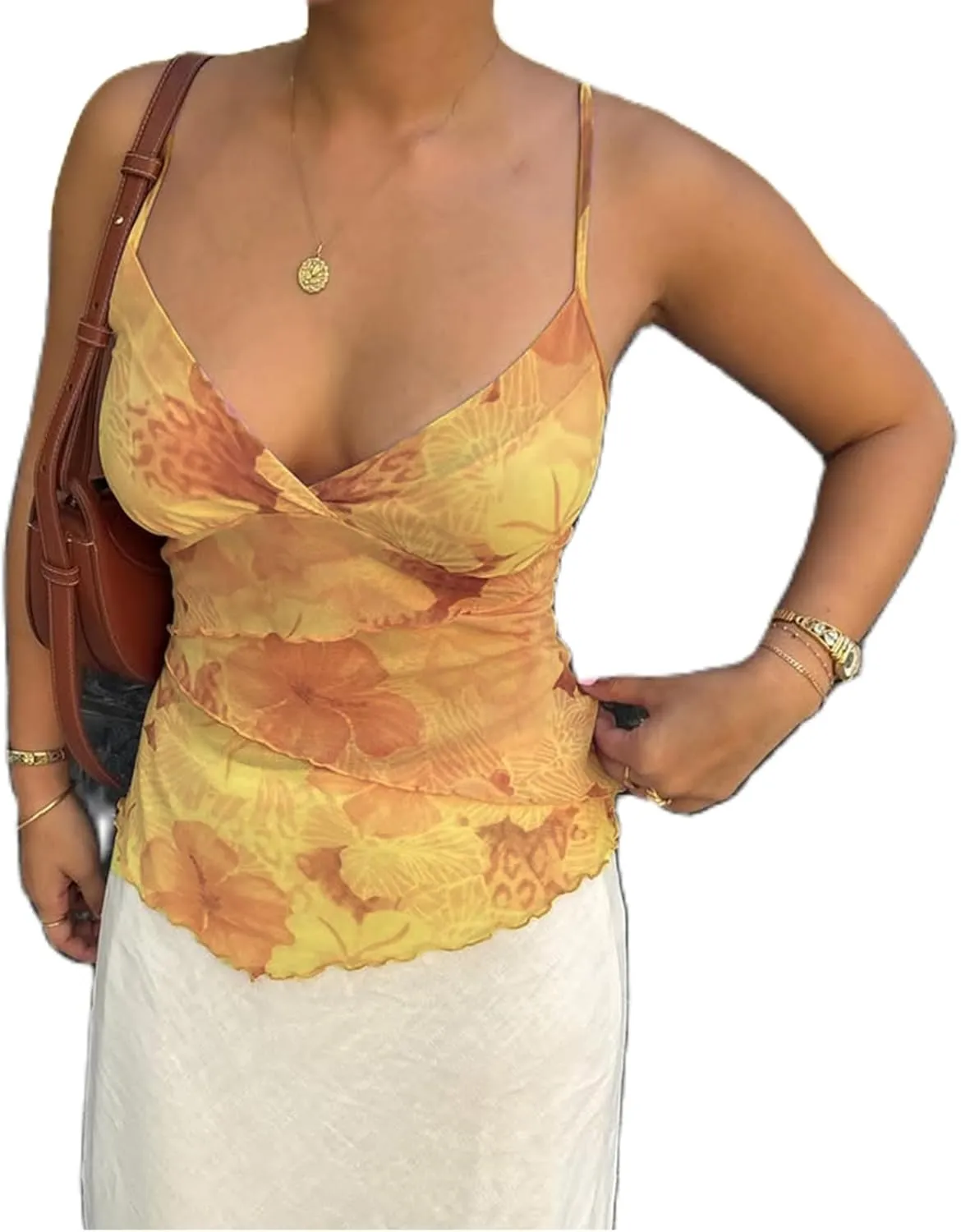 Women Y2k Floral Tank Top V Neck Spaghetti Strap Lace Sheer Ruffle Slim Crop Camisole Sexy Fairy Going Out Streetwear