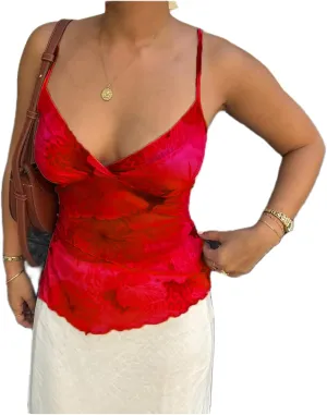 Women Y2k Floral Tank Top V Neck Spaghetti Strap Lace Sheer Ruffle Slim Crop Camisole Sexy Fairy Going Out Streetwear