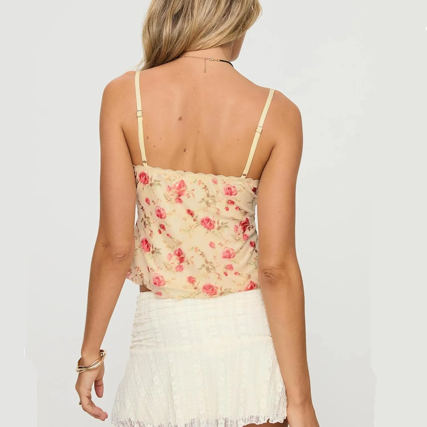 Women Y2k Floral Tank Top V Neck Spaghetti Strap Lace Sheer Ruffle Slim Crop Camisole Sexy Fairy Going Out Streetwear