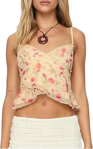 Women Y2k Floral Tank Top V Neck Spaghetti Strap Lace Sheer Ruffle Slim Crop Camisole Sexy Fairy Going Out Streetwear