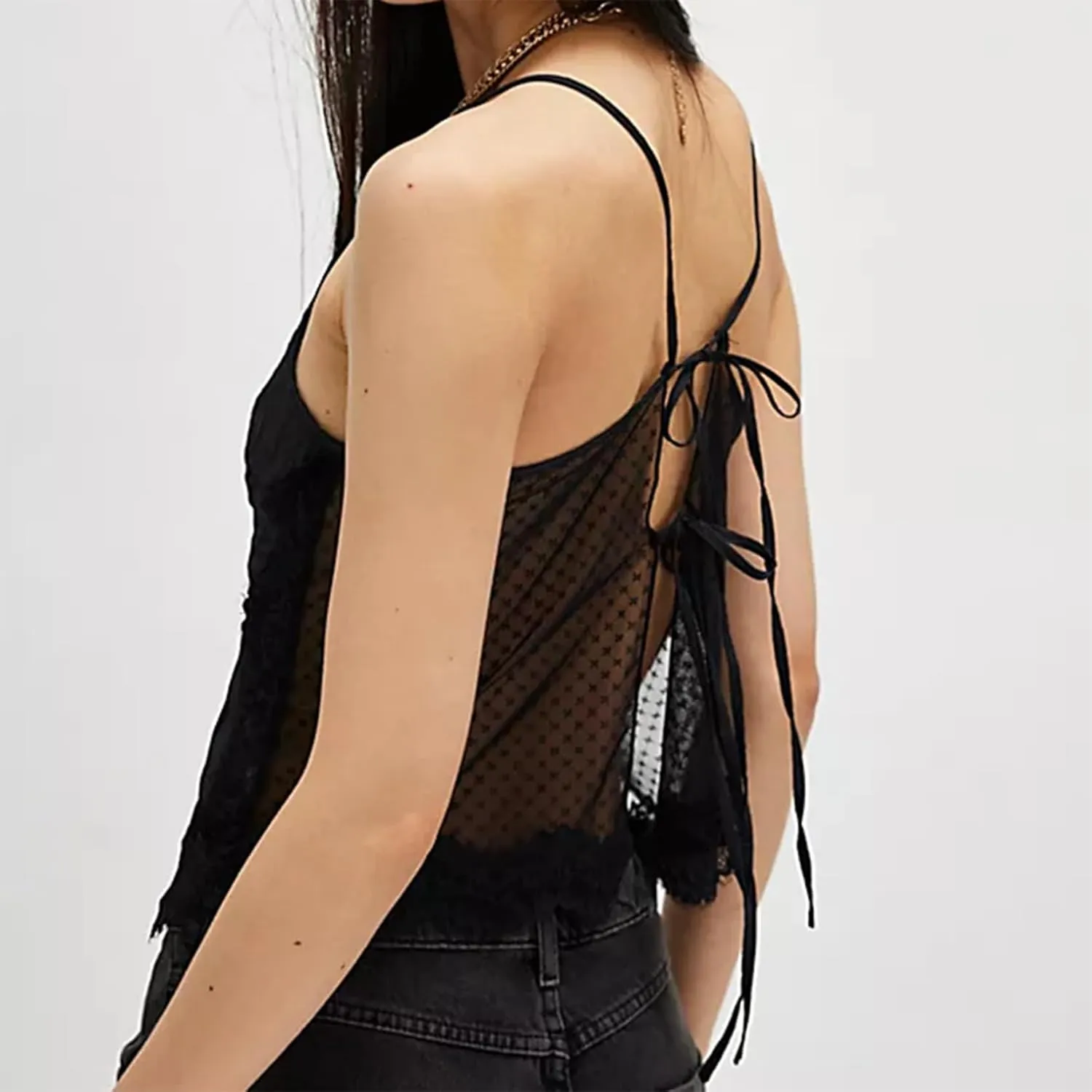 Women Y2k lace Tie Camisole Spaghetti Strap Low Cut V Neck Backless Ruffle Cami Top Summer Coquette Sexy Streetwear