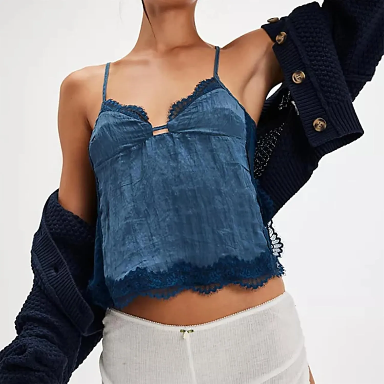 Women Y2k lace Tie Camisole Spaghetti Strap Low Cut V Neck Backless Ruffle Cami Top Summer Coquette Sexy Streetwear