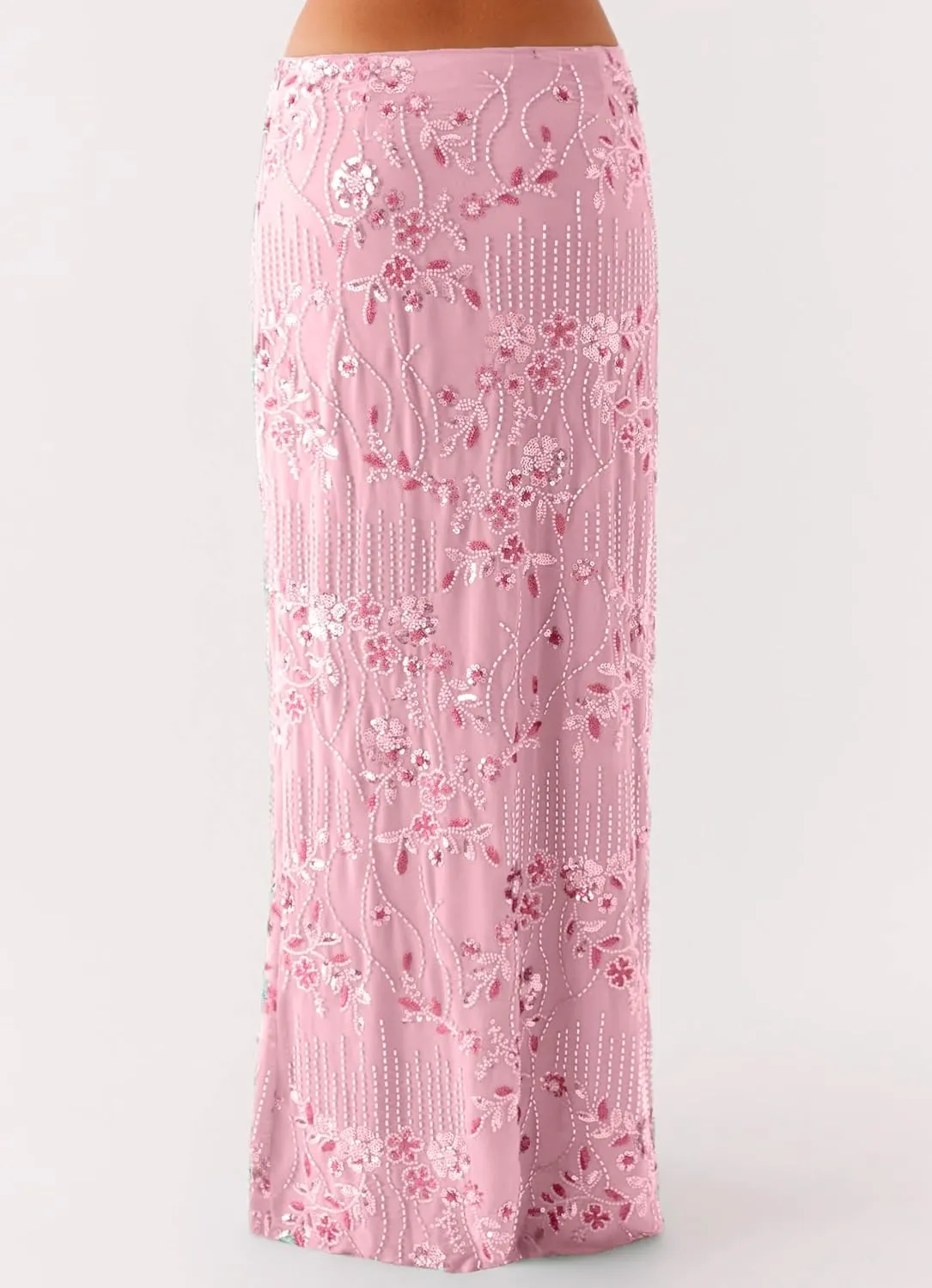 Women Y2k Sequin Long Skirt Sparkly Beaded Floral Maxi Skirt Rhinestone Glitter Midi Skirt Streetwear