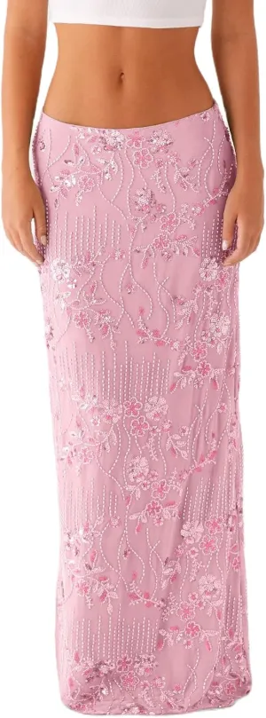 Women Y2k Sequin Long Skirt Sparkly Beaded Floral Maxi Skirt Rhinestone Glitter Midi Skirt Streetwear