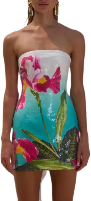 Women Y2k Strapless Tube Mini Dress Vintage Floral Print Bandeau Bodycon Short Dress Summer Going Out Streetwear