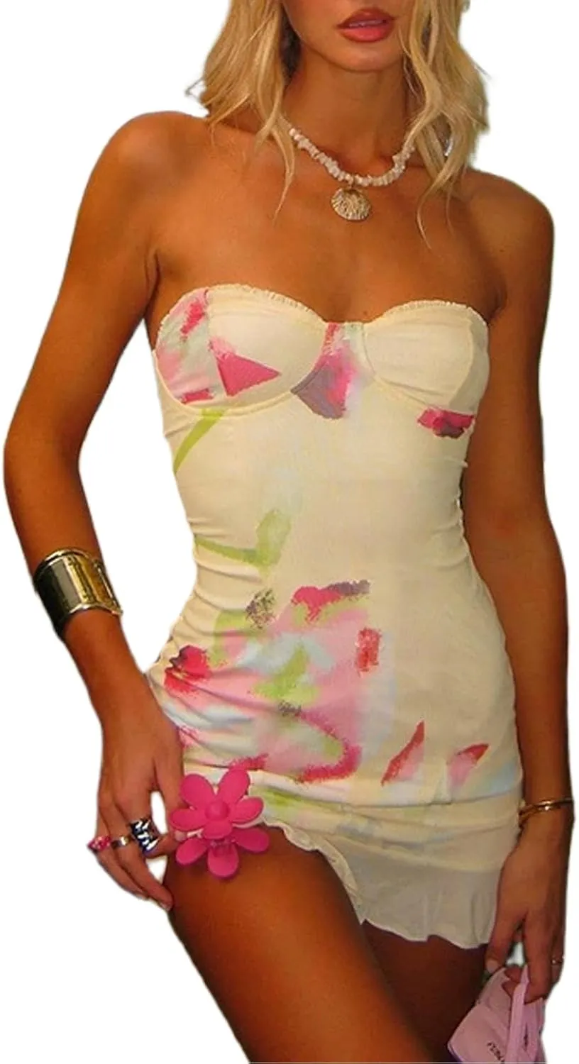 Women Y2k Strapless Tube Mini Dress Vintage Floral Print Bandeau Bodycon Short Dress Summer Going Out Streetwear