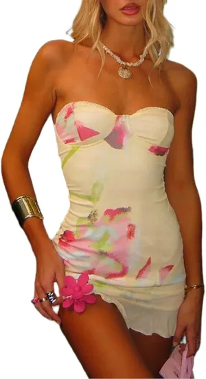 Women Y2k Strapless Tube Mini Dress Vintage Floral Print Bandeau Bodycon Short Dress Summer Going Out Streetwear