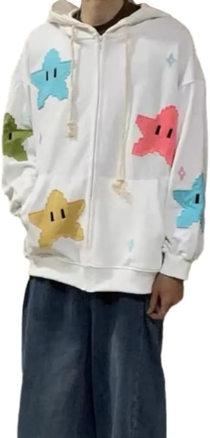 Women Y2K Zip Up Hoodies Cute Grunge Star Oversized Hoodies Preppy Long Sleeve Sweatshirts Goth Star Graphic Jacket