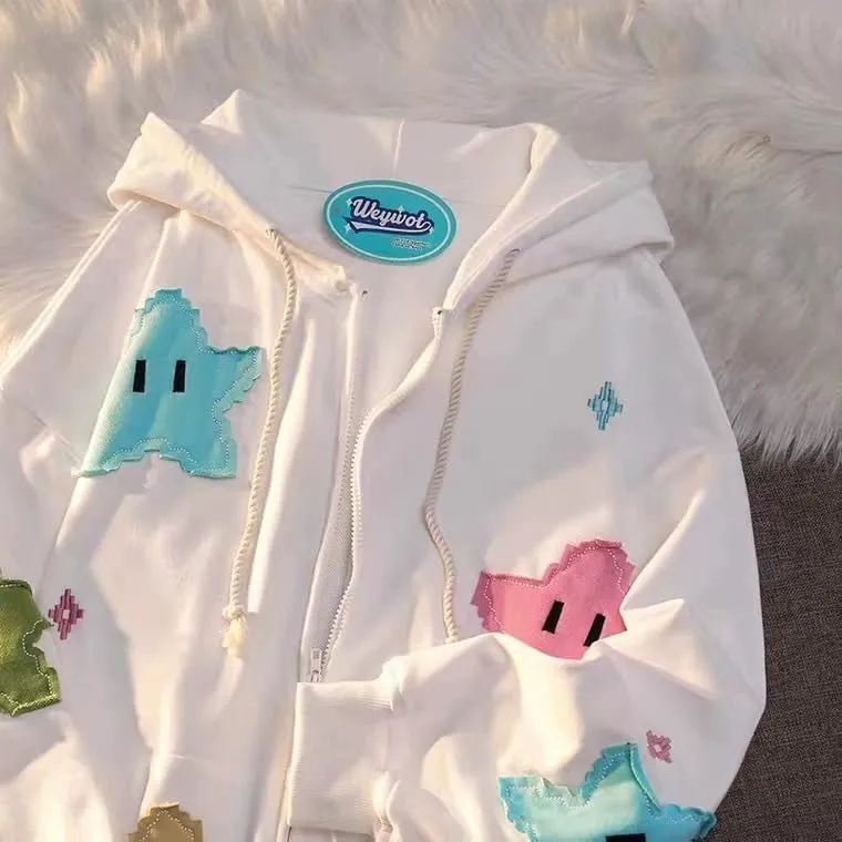 Women Y2K Zip Up Hoodies Cute Grunge Star Oversized Hoodies Preppy Long Sleeve Sweatshirts Goth Star Graphic Jacket