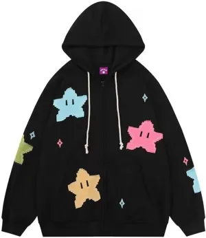 Women Y2K Zip Up Hoodies Cute Grunge Star Oversized Hoodies Preppy Long Sleeve Sweatshirts Goth Star Graphic Jacket
