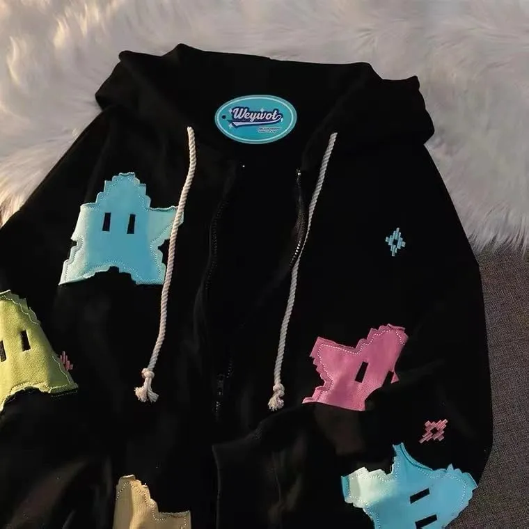 Women Y2K Zip Up Hoodies Cute Grunge Star Oversized Hoodies Preppy Long Sleeve Sweatshirts Goth Star Graphic Jacket