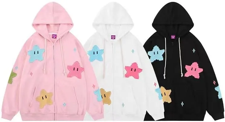 Women Y2K Zip Up Hoodies Cute Grunge Star Oversized Hoodies Preppy Long Sleeve Sweatshirts Goth Star Graphic Jacket