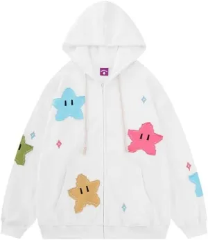 Women Y2K Zip Up Hoodies Cute Grunge Star Oversized Hoodies Preppy Long Sleeve Sweatshirts Goth Star Graphic Jacket