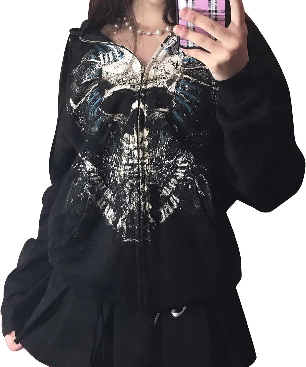 Women Zip Up Oversized Y2k Hoodie Sweatshirt Long Sleeve Skull Print Vintage 90s Tops Streetwear