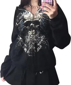 Women Zip Up Oversized Y2k Hoodie Sweatshirt Long Sleeve Skull Print Vintage 90s Tops Streetwear