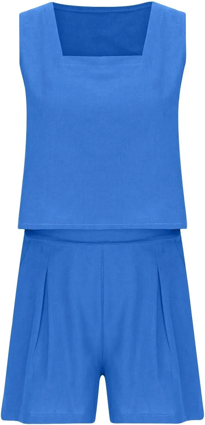 Women's 2 Piece Sets Linen Tank Cropped Tops Matching Lounge Shorts Sets for Women Summer Two Piece Outfits Pajamas