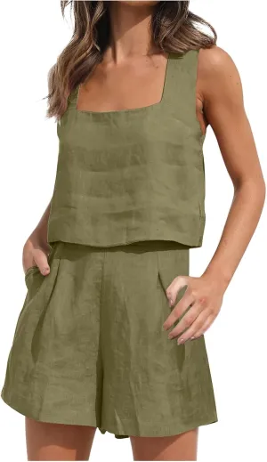 Women's 2 Piece Sets Linen Tank Cropped Tops Matching Lounge Shorts Sets for Women Summer Two Piece Outfits Pajamas
