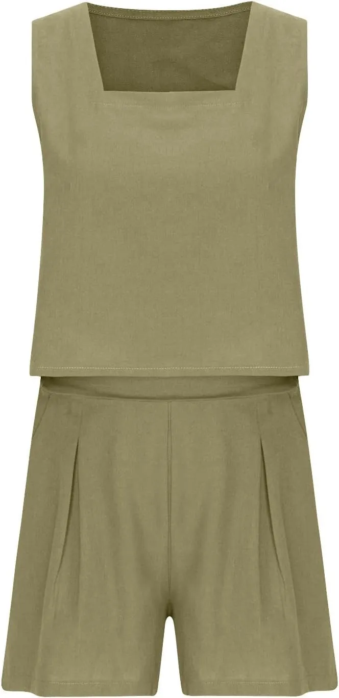 Women's 2 Piece Sets Linen Tank Cropped Tops Matching Lounge Shorts Sets for Women Summer Two Piece Outfits Pajamas