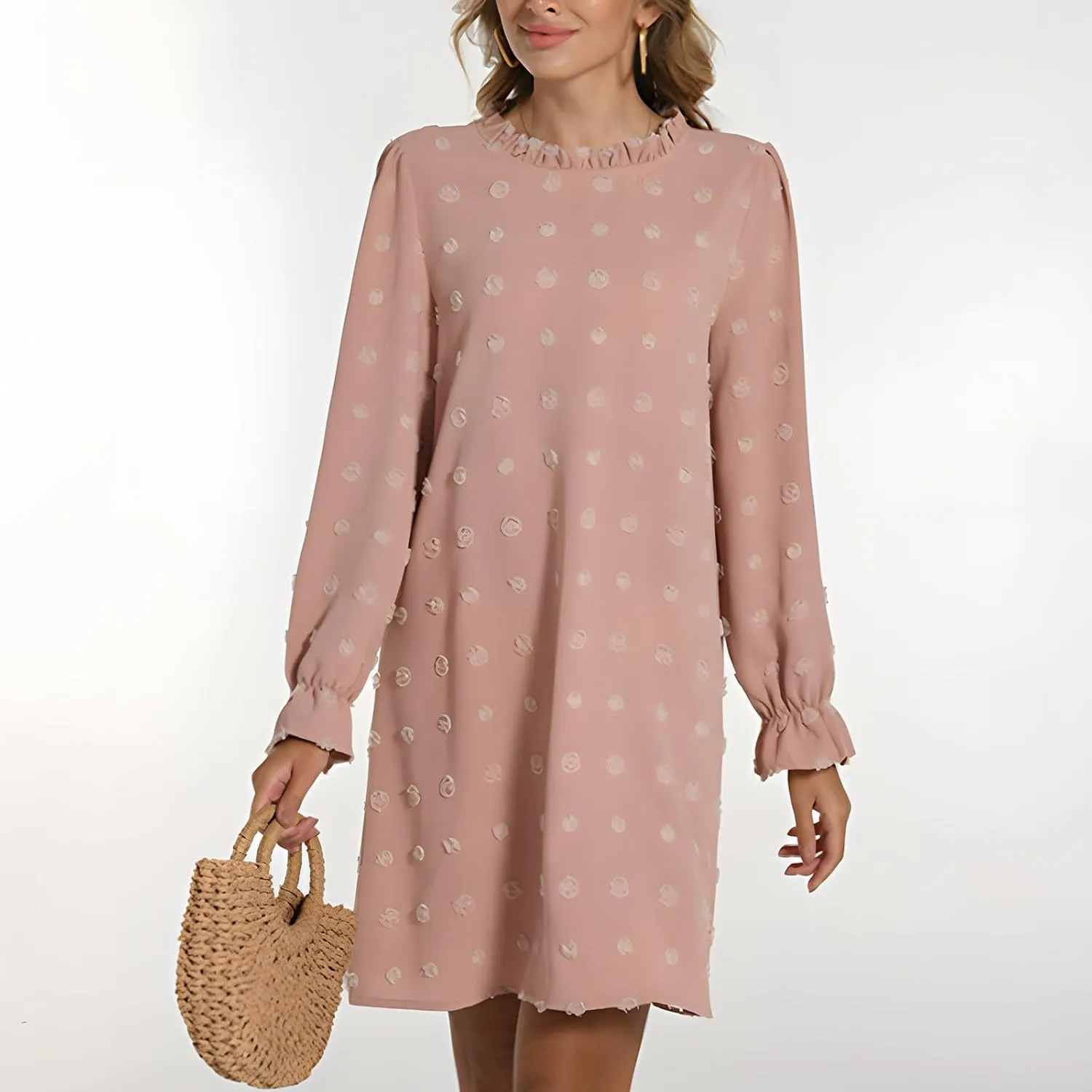 Womens 2024 Summer Dress Ruffle Puff Long Sleeve Swiss Dot Wedding Guest Dresses Casual Frill Trim Crew Neck Mini Dress