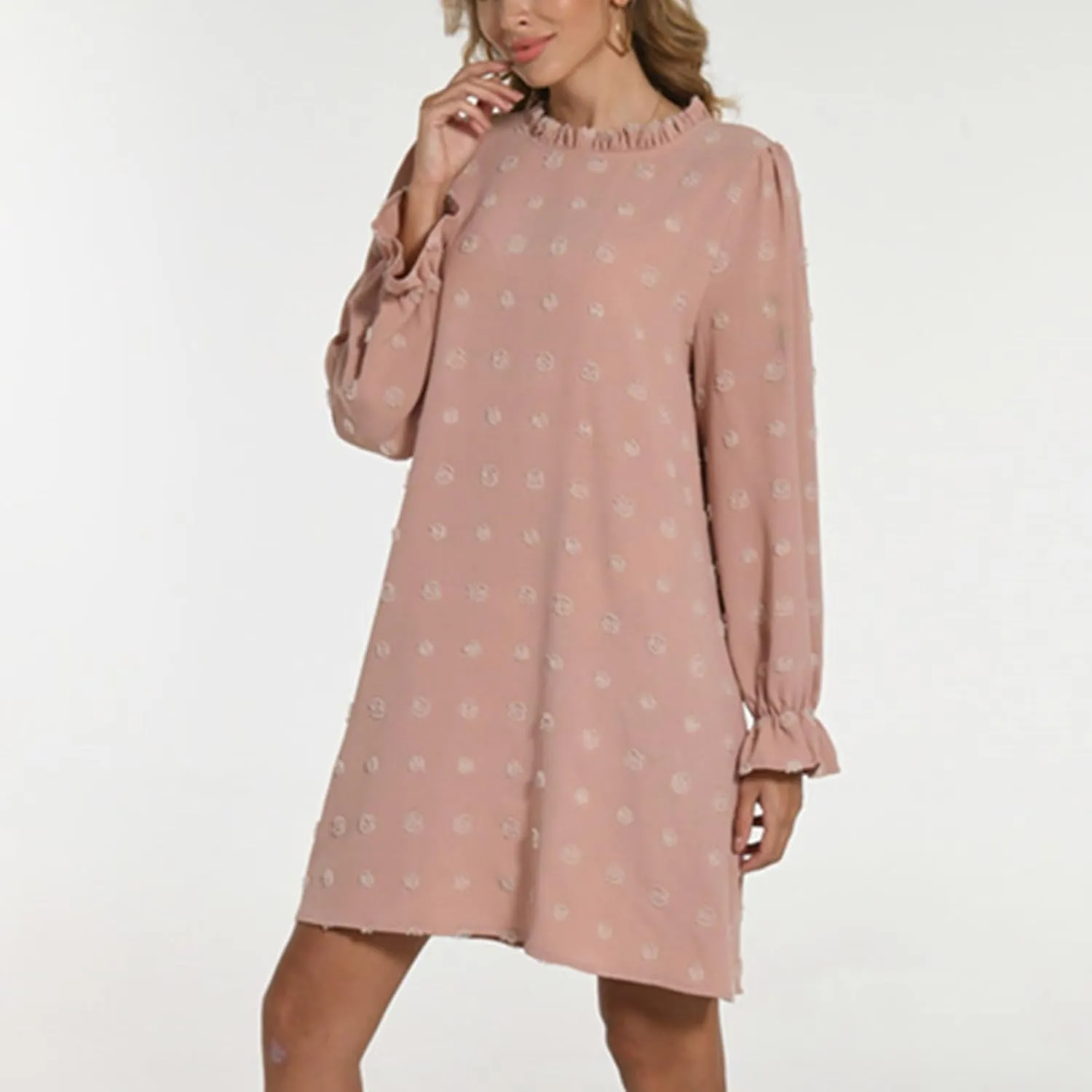 Womens 2024 Summer Dress Ruffle Puff Long Sleeve Swiss Dot Wedding Guest Dresses Casual Frill Trim Crew Neck Mini Dress