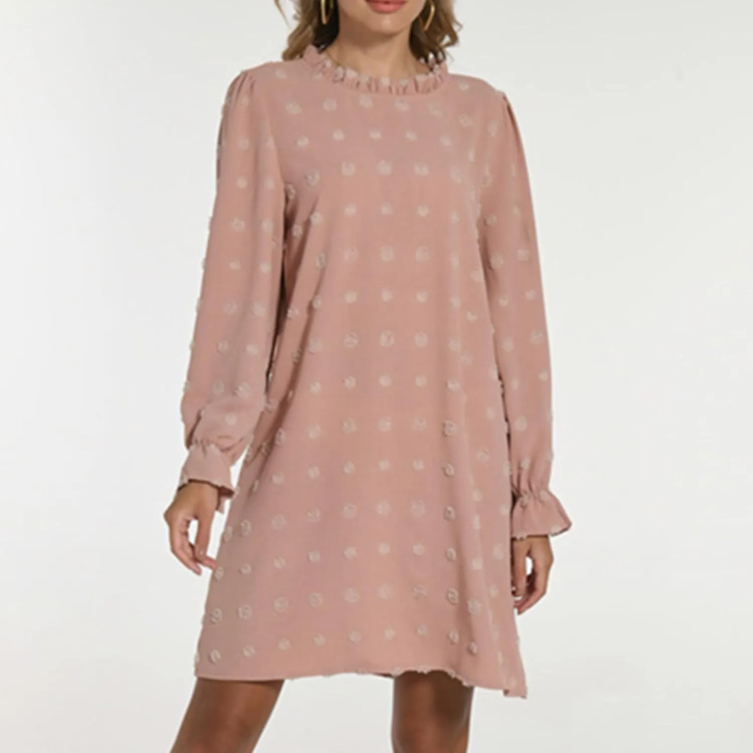Womens 2024 Summer Dress Ruffle Puff Long Sleeve Swiss Dot Wedding Guest Dresses Casual Frill Trim Crew Neck Mini Dress