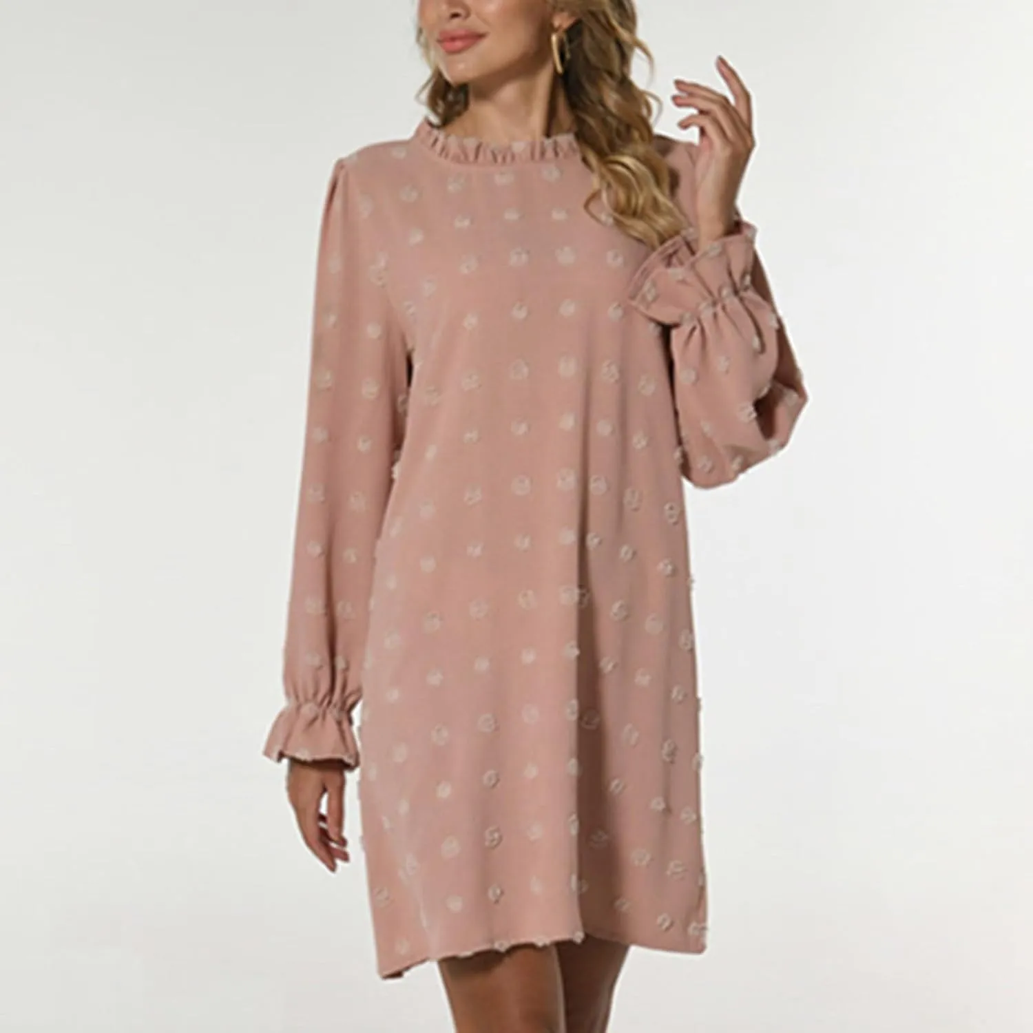 Womens 2024 Summer Dress Ruffle Puff Long Sleeve Swiss Dot Wedding Guest Dresses Casual Frill Trim Crew Neck Mini Dress