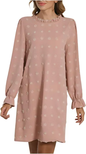 Womens 2024 Summer Dress Ruffle Puff Long Sleeve Swiss Dot Wedding Guest Dresses Casual Frill Trim Crew Neck Mini Dress