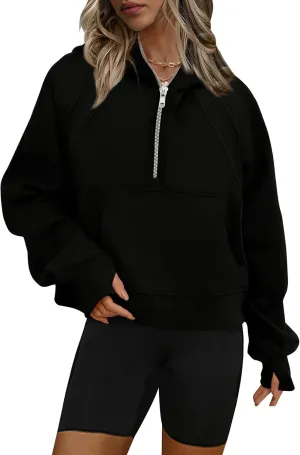 Women's 2024 Sweatshirts Half Zip Cropped Pullover Fleece Quarter Zipper Hoodies Fall Outfits Clothes Thumb Hole
